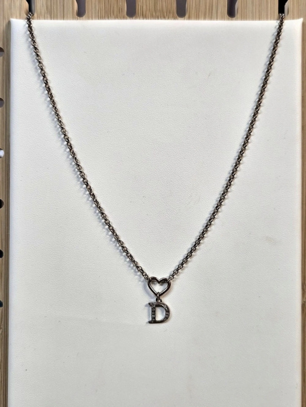 Christian Dior Vintage Rhinestone Heart D Logo Necklace Silver